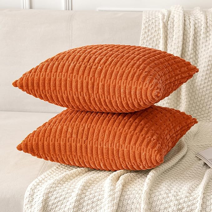 MIULEE Pack of 2 Orange Corduroy Decorative Pillow Covers 20x20 Inch Soft Boho Striped Throw Pillow Covers Modern Farmhouse Home Decor for Halloween Thanksgiving Summer Sofa Living Room Couch Bed