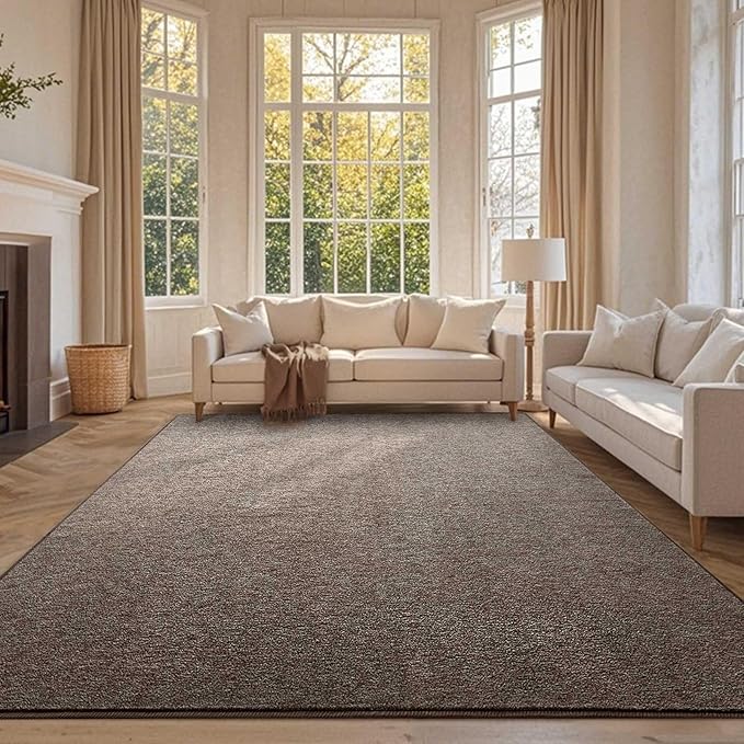 FinRèc 8x10 Washable Area Rugs for Bedroom Living Room, Low Pile Thin Rug Solid Color, Non-Slip Carpet Indoor for Home Decor (Brown)