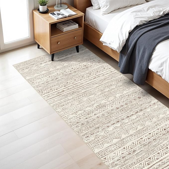 3x7 Washable Hallway Runner Rug - Moroccan Non-Slip Indoor Table Long Runners for Entryway Soft Low-Pile Neutral Rugs for Kitchen Waterproof Geometric Carpet for Bedroom Bathroom Laundry 3x7 Beige