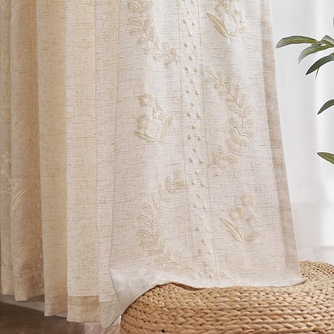 jinchan Belrose Linen Curtains for Bedroom Floral Curtains 108 Inch Length Linen Blend Ivory Embroidered Drapes Farmhouse Flower Patterned Drapes for Living Room Window Treatments Set 2 Panels