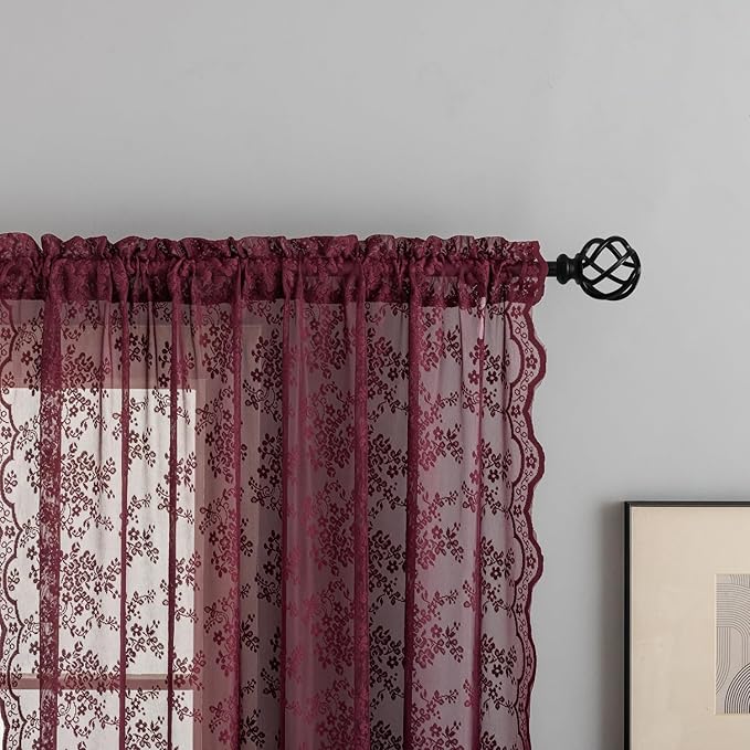 YJ YANJUN Vintage Lace Curtains 84 Inches Long- Elegant Floral Maroon Sheer Curtains Timeless Christmas Burgundy Drapes for Living Room Bedroom Privacy 7 FT 52W x 84L (Set of 2) Deep Merlot