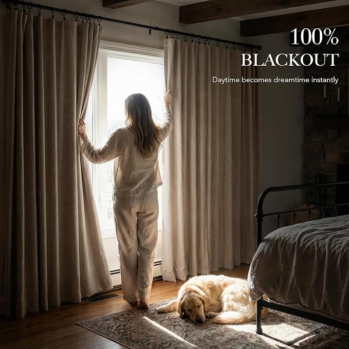 RYB HOME Linen Textured 100% Blackout Curtains for Bedroom, Insulating Energy Saving Window Curtains for Living Room Dining Patio Sliding Glass Door, Wide 52 x Long 108 inch, Burlap, 2 Panels
