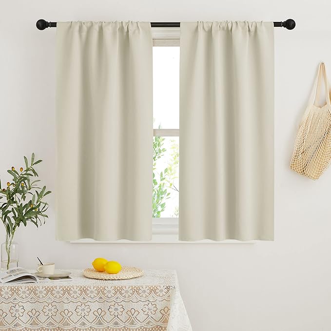 RYB HOME French Door Window Curtain Covering, Rod Pocket Thermal Insulated Privacy Non See Through Drapes for Bathroom Window, Width 29 by Length 45, Beige, 2 Panels