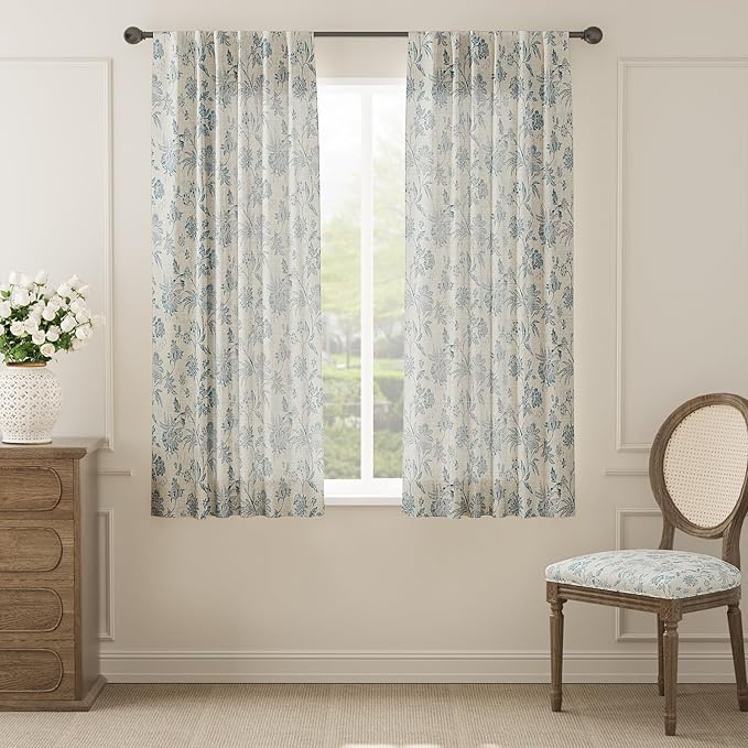 jinchan Linen Floral Curtains for Living Room with Printed Flower 63 Inches Long Light Filtering French Country Back Tab Rod Pocket Blue Window Curtain Set Farmhouse Drapes 2 Panels Blue