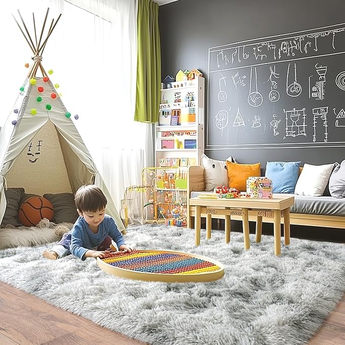 Pionblank Large Rug for Living Room 6x9 Feet, Modern Soft Shag Area Rug, Plush Fuzzy Carpet for Bedroom Girls Boys Room Home Nursery Teens Dorm Decor, Tie Dye Grey