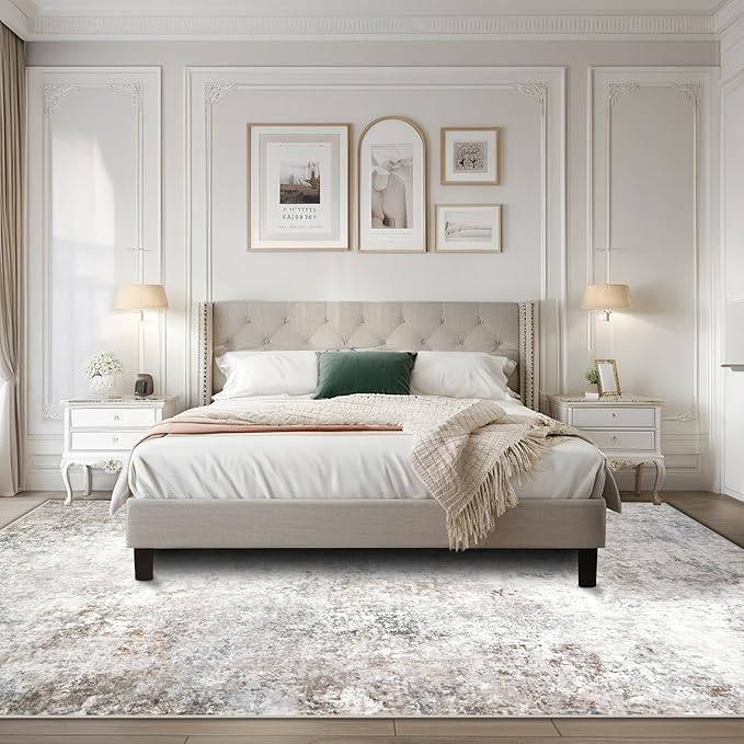 Washable Rugs 5x7 Area Rugs for Living Room,Modern Abstract Rugs for Bedroom,Large Carpets,Ultra Soft Faux Wool Retro Dining Room Rug,Non Slip&Non-Shedding Low Pile Print Rug- Beige Grey