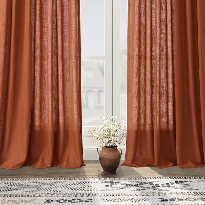 Linen Blend Terracotta Curtains 96 inches Long 2 Panel Back Tab Rod Pocket Rustic Farmhouse Boho Curtains for Dining Room Semi Sheer Brick Burnt Bohemian Fall Decor Rust Curtain 96 inch Length