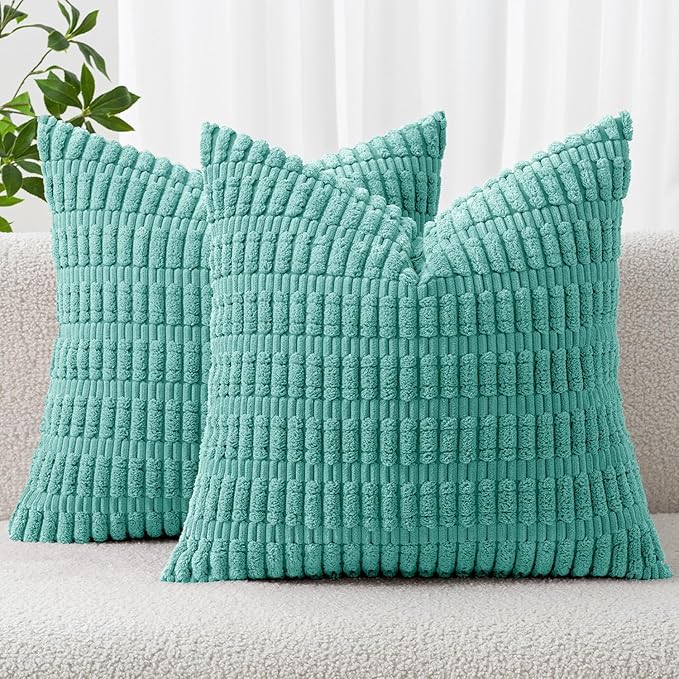 MIULEE Pack of 2 Corduroy Decorative Throw Pillow Covers 16x16 Inch Soft Boho Striped Pillow Covers Modern Farmhouse Home Decor for Summer Sofa Living Room Couch Bed Aqua Green
