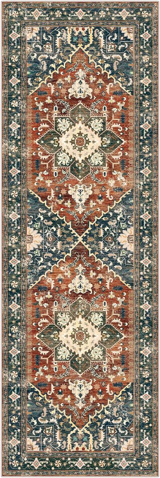 Yamaziot Washable Runner Rug, 2x6 Non-Slip Boho Vintage Hallway Rug Runner with Rubber Backing, Stain Resistant & Low Pile Faux Wool Distressed Carpet Runner for Kitchen, Laundry, Entrance