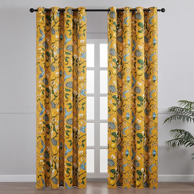 Topfinel 80 Inches Long Custom Mustard Yellow Luxury Curtains for Living Room Bedroom, Blackout Vintage Victorian Curtains Floral Lemon Hummingbird Printed Grommet Drape 80 Inch Length