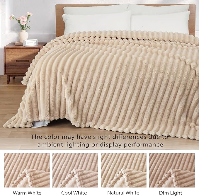 Exclusivo Mezcla King Size Flannel Fleece Blanket, Super Soft Striped Jacquard Bed Blanket, Lightweight Fuzzy Cozy for All Seasons, 90x104 Inches, Beige