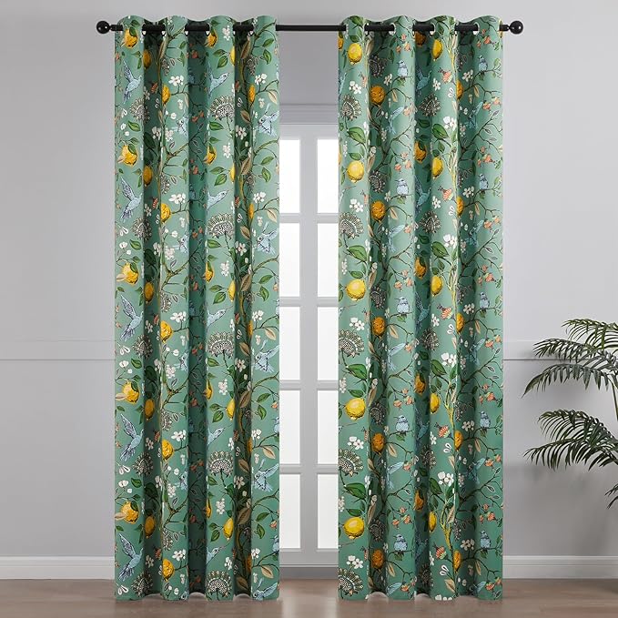 Topfinel 105 Inches Long Sage Green Luxury Curtains for Living Room Bedroom, Blackout Vintage Art Deco Victorian Curtains Floral Lemon Hummingbird Printed Grommet Drape 105 Inch Length