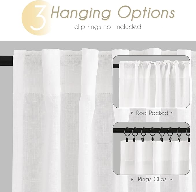 White Curtains 98 inches Long 2 Panels Back Tab Light Filtering Cotton Textured Curtain Modern Farmhouse Coastal Decor Off White Linen Drapes 98 inch Length for Patio Sliding Door Office Bedroom