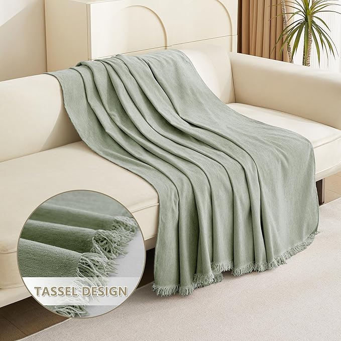 MYSKY HOME Easy Fitted Couch Cover for Dogs Stain Resistant Couch Cover Sage Sofa Covers for 2 Cushion Couch Multi-Use Sectional Couch Covers for Loveseat Universal Tassel Sofa Throw 91"X 118"