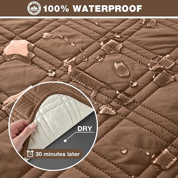 TAOCOCO 100% Waterproof Recliner Sofa Covers 3 Seater Split Couch Covers for 3 Cushion Reclining Couch with Straps, Non Slip Reclining Sofa Covers Furniture Protector for Kids Pets(3 Seater, Brown)