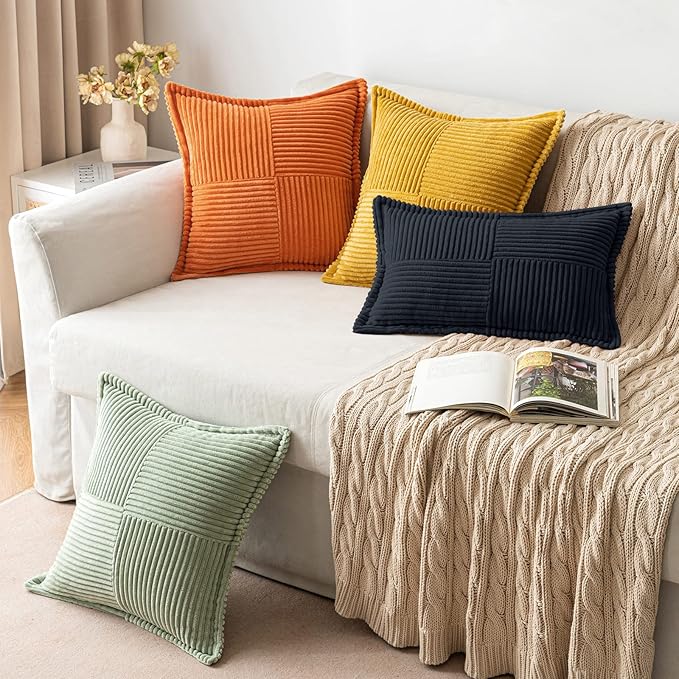 MIULEE Decorative Throw Pillow Covers for Couch Bed Livingroom 20x20 Inch Set of 2 Black Boho Accent Throw Pllows Broadside Striped Patchwork Soft Corduroy Pillowcases