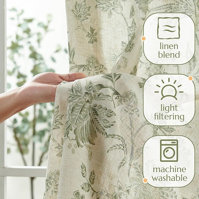 jinchan Linen Floral Curtains for Living Room with Printed Flower 96 Inches Long Light Filtering French Country Back Tab Rod Pocket Sage Green Window Curtain Set Farmhouse Drapes 2 Panels