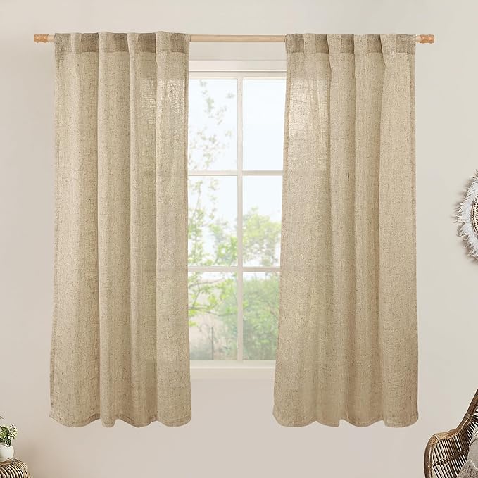 LAMIT 63 Inch Sheer Linen Window Curtains, Light Filtering Panels Back Tab and Rod Pocket Neutral Drapes for Bedroom/Living Room, Brown, 2 Panels, 34 x 63 Inch