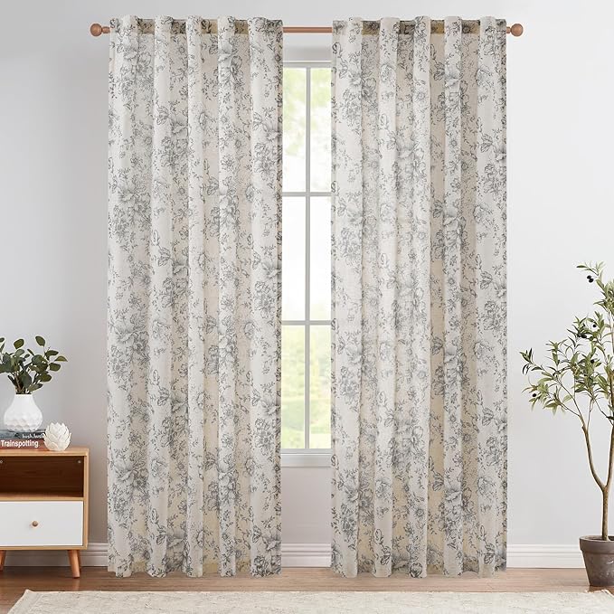 jinchan Linen Blend Curtain Floral Curtains for Living Room 84 Inch Length Grey Printed Curtain Rod Pocket Back Tab Farmhouse Peony Flower Patterned Drapes Bedroom Window Curtains Set 2 Panels