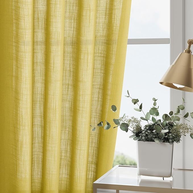 Nanspring Celery Yellow Linen Curtains 84 Inch Length 2 Panels Set for Living Room Back Tab Light Filtering Semi Sheer Curtain for Bedroom Farmhouse Drapes, 52x84 Inch, 2 Panels