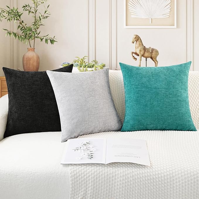 CaliTime Throw Pillow Covers Decorative 24 X 24 Inches Pack of 2 Cozy Chenille Cushion Cases for Couch Sofa Bed Living Room Home Black