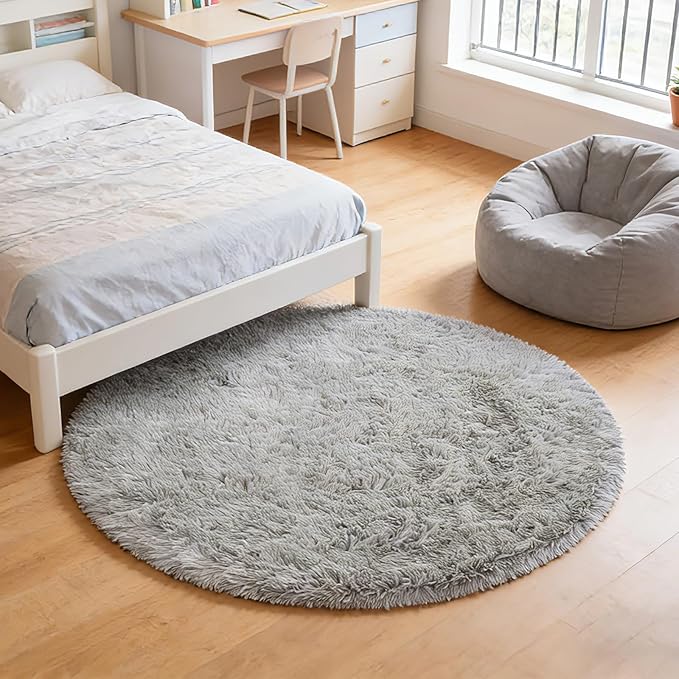 yulidayang Soft Round Area Rug for Kids Bedroom, Fluffy Fuzzy Shaggy Rug 6'X6'for Living Room, Non Slip Circle Plush Rug for Girls Room Nursery Dorm Decor,Light Grey