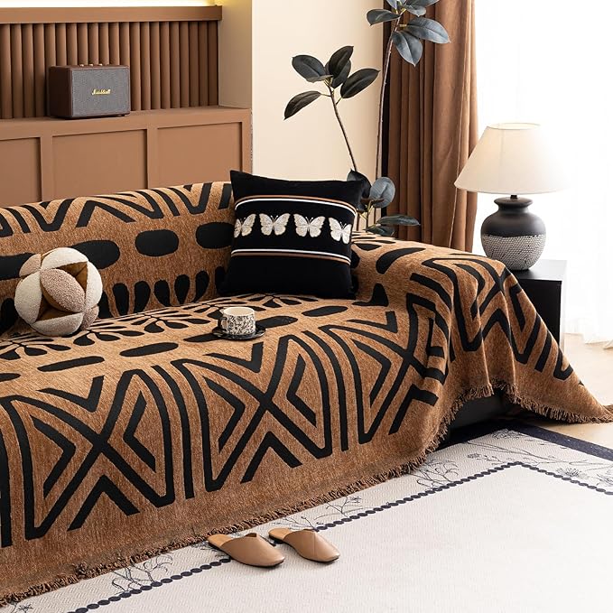 HANDONTIME Boho Couch Cover Geometric Striped Pet Covers for Couches and Sofas Copper Brown and Black Dog Cover for Couch Pet Friendly Chenille Sectional Sofa Covers for Pets Washable, 71" X 118"