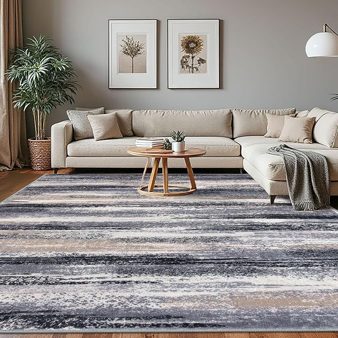 Lansny Modern Abstract 8x10 Large Machine Washable Living Room Rug Non-Slip Soft Bedroom Area Rug Grey Black Multi Ultra Thin Print Faux Wool Carpet Throw Rugs for Nursery Playroom Dining Room Indoor