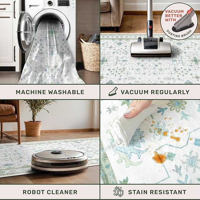 Blue and Green Washable Entryway Rugs 3x5 - Vintage Boho Floral Pastel Cream, Washable Low Pile Non Slip Small Throw Accent Area Rug for Door Mat Indoor Entrance, Kitchen, Bedroom Beside Bed Decor