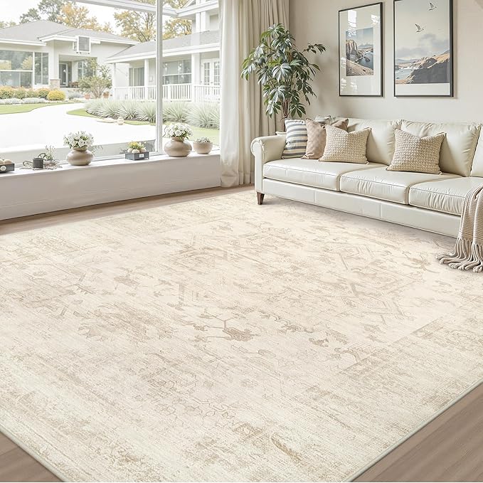 8x10 Area Rugs for Living Room: Vintage Boho Neutral Washable Rug Indoor Soft Large Area Rug Carpet for Bedroom Nursery Farmhouse Dining Room Office Floor Non-Slip Low Pile Under Table Rug Beige/Brown