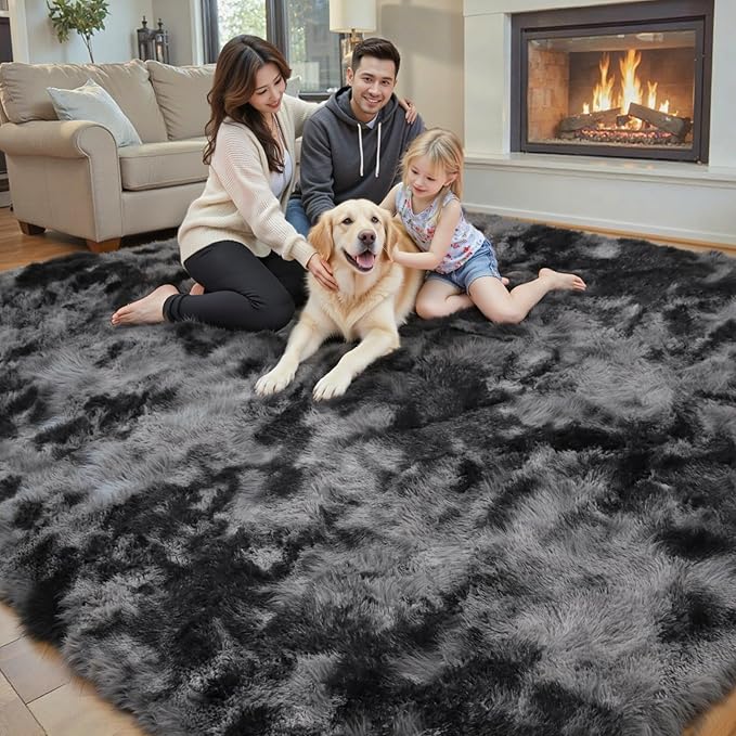3x5 Rug, Bedside Preppy Dorm Area Rug, College Essentials Grey Small Carpets for Bedroom, Anti Slip Fluffy Gray Living Room Rugs Home Decor Aesthetic(3 x 5, Dark Grey Tie-Dyed)