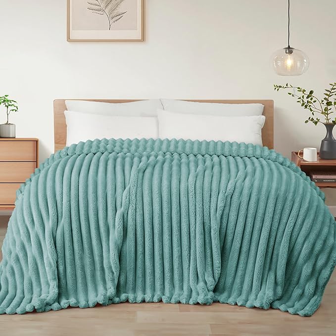 Exclusivo Mezcla King Size Flannel Fleece Blanket, Super Soft Striped Jacquard Bed Blanket, Lightweight Fuzzy Cozy for All Seasons, 90x104 Inches, Celadon