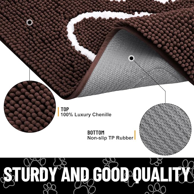 Smiry Dog Door Mat for Muddy Paws, Absorbent Dirt Trapper Non Slip Quick Dry Washable Chenille Mat for Mud Dogs, Entry Rug for Indoor and Outdoor (71x46 Inches, Brown and White)