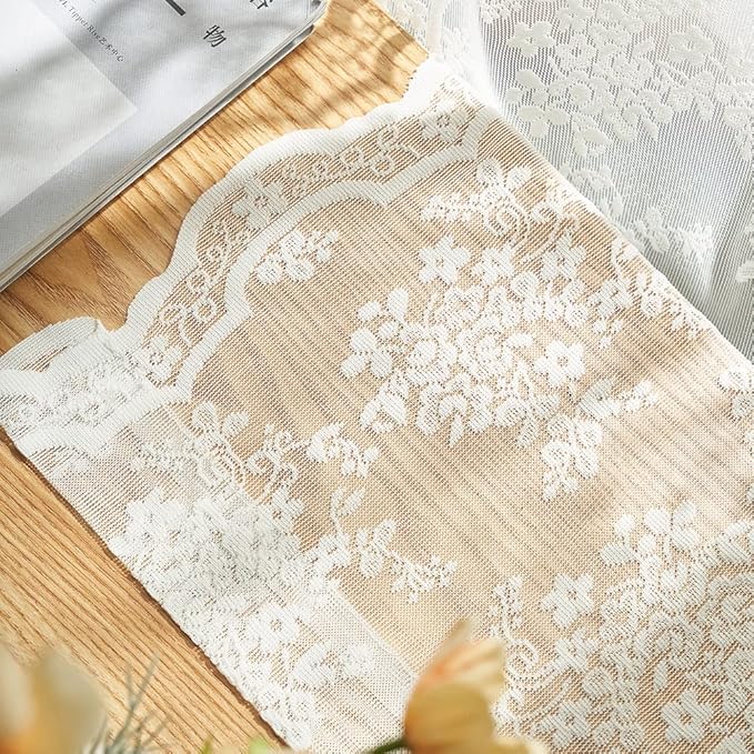 YJ YANJUN Vintage Lace Curtains 54 Inch Length- Victorian Floral Pattern Ivory Short Sheer Curtain Panels for Living Room Bedroom, Country Light Filtering Drapes, Set of 2 52W x 54L Cream