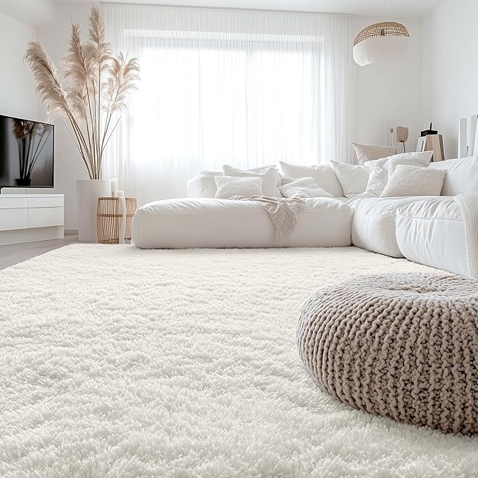 OLANLY 9x10 Machine Washable Large Area Rugs for Living Room, Bedroom, Soft Fluffy Shaggy Bedside Rug, Indoor Floor Carpet for Kids Girls and Boys, Dorms, Nursery, Home Decor Aesthetic, Ivory