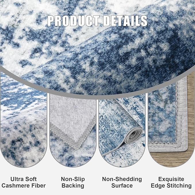 10x12 Area Rug Living Room Rug: Washable Modern Abstract Soft Thin Rug Indoor Floor No Slip Stain Resistant Carpet for Bedroom Dining Room Farmhouse Nursery Home Office - Blue