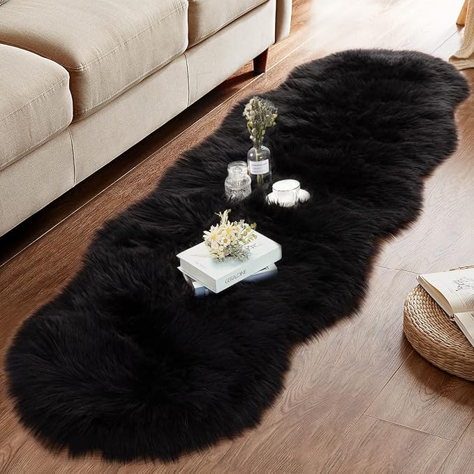 Ciicool Ultra Soft Faux Sheepskin Fur Rug Fluffy Rug for Bedroom Fuzzy Carpet for Living Room Kid's Room Nursery Decor, Black 2 x 6 Feet