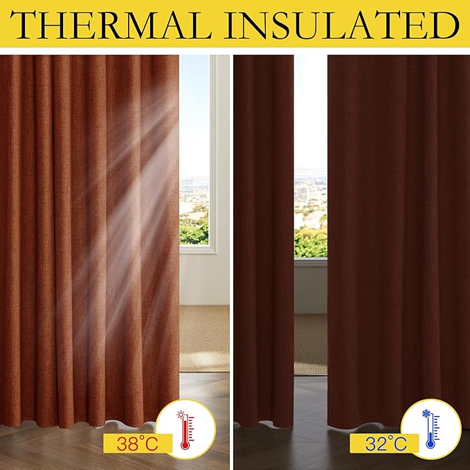NICETOWN 100% Absolutely Blackout Linen Curtains with Thermal Insulated Liner, 62" Wide, 2 Panels, 63" Long Drapes, Grommet Retro Burnt Orange Linen Curtains Vertical Drapes Privacy for Kitchen