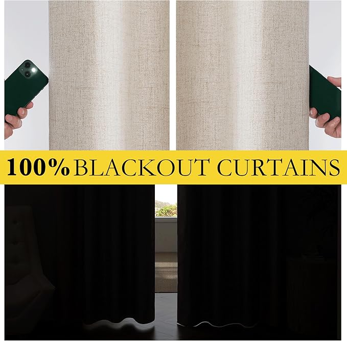 NICETOWN Oatmeal Bedroom Full Blackout Linen Curtain Panels Set of 2, 52" by 72", Thick Insulated Classic Grommet Blackout Draperies with White Thermal Insulated Liner for Windows
