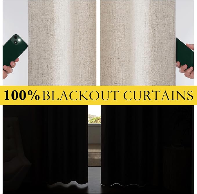 NICETOWN Oatmeal Linen Complete Blackout Curtains 48 inches for Kids Room, 2 Panels, Thermal Insulated & Noise Reducing Window Draperies with Grey Liner, Noise Reducing Short Drapes