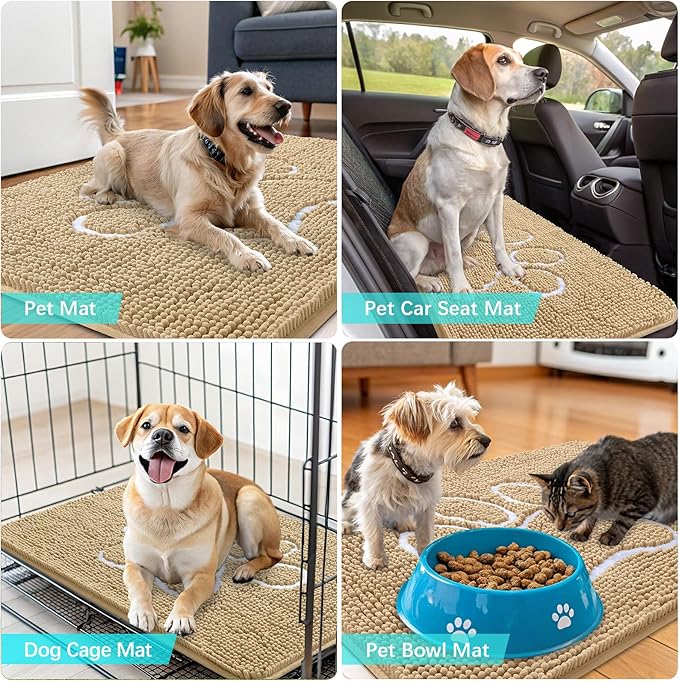OLANLY Dog Door Mat for Muddy Paws 59x24, Paw Print Design, Absorbs Moisture and Dirt, Absorbent Non-Slip Washable Doormat, Quick Dry Chenille Mud Mat for Dogs, Entry Indoor Entryway Carpet, Beige