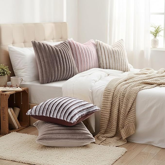 decorUhome Cozy Faux Fur Throw Pillow Covers 18x18 Set of 2 Decorative Soft Plush Striped Modern Farmhouse Boho Couch Pillow Cases with Velvet Back for Sofa Bed Living Room, Tan