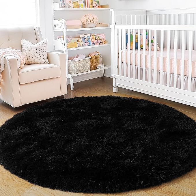 4'x4' Black Round Rug for Bedroom, Ultra Soft Fluffy Circle Rug for Kids Girls Boys Room, Cute Shag Rugs for Living Room Playroom Teen Room Home Decor Rug