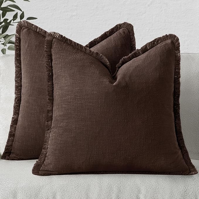 MIULEE Decorative Throw Pillow Covers Neutral Linen Fringe Throw Pillows Euro Shams Set of 2 Dark Brown Boho Farmhouse Cushion Covers for Couch Sofa Bed Living Room Spring Home Decor 24x24 Inch