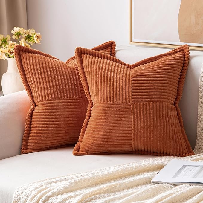 MIULEE Rust Decorative Throw Pillow Covers for Couch Bed Livingroom 20x20 Inch Set of 2 Boho Accent Throw Pllows Broadside Striped Patchwork Soft Corduroy Pillowcases