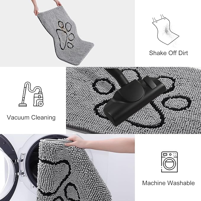 Smiry Dog Door Mat for Muddy Paws, Absorbent Dirt Trapper Non Slip Quick Dry Washable Chenille Mat for Mud Dogs, Entry Rug for Indoor and Outdoor (24x16 Inches, Grey and Black)