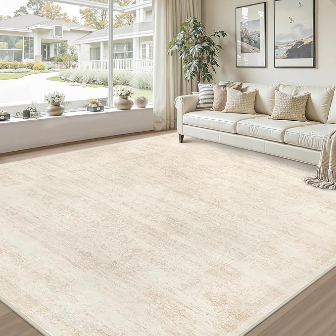 Area Rugs 9x12 Living Room: Vintage Boho Neutral Washable Rug Indoor Soft Large Area Rug Carpet for Bedroom Nursery Farmhouse Dining Room Office Floor Non-Slip Low Pile Under Table Rug Retro Beige