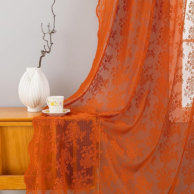 YJ YANJUN Vintage Lace Curtains 90 Inches Long-Rustic Floral Burnt Orange Sheer Curtain Panels for Bedroom Dining Room Office,Light Filtering, Boho Neutral Aesthetic Decor 52 Wx90L Terracotta