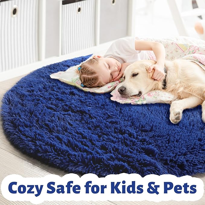 Amdrebio Navy Blue Round Rug 4Ft for Boys Room Bedroom, Circle Area Rugs for Kids Room, Living Room Decor Aesthetic, Fluffy Shag Fur Throw Royal Dark Blue Carpet for Preppy Dorm Playroom Baby Nursery