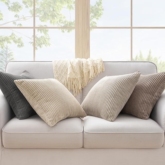 Topfinel 4 Packs Natural Decorative Throw Pillows Covers 20x20 Inch for Living Room Couch Bed Sofa, Rustic Farmhouse Boho Neutral Home Decor, Soft Plush Striped Corduroy Square Cushion Case 50x50 cm
